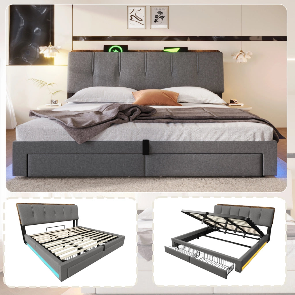 Letto matrimoniale imbottito ULEVR 180x200 cm con contenitore idraulico, LED, USB e Type-C, lino grigio