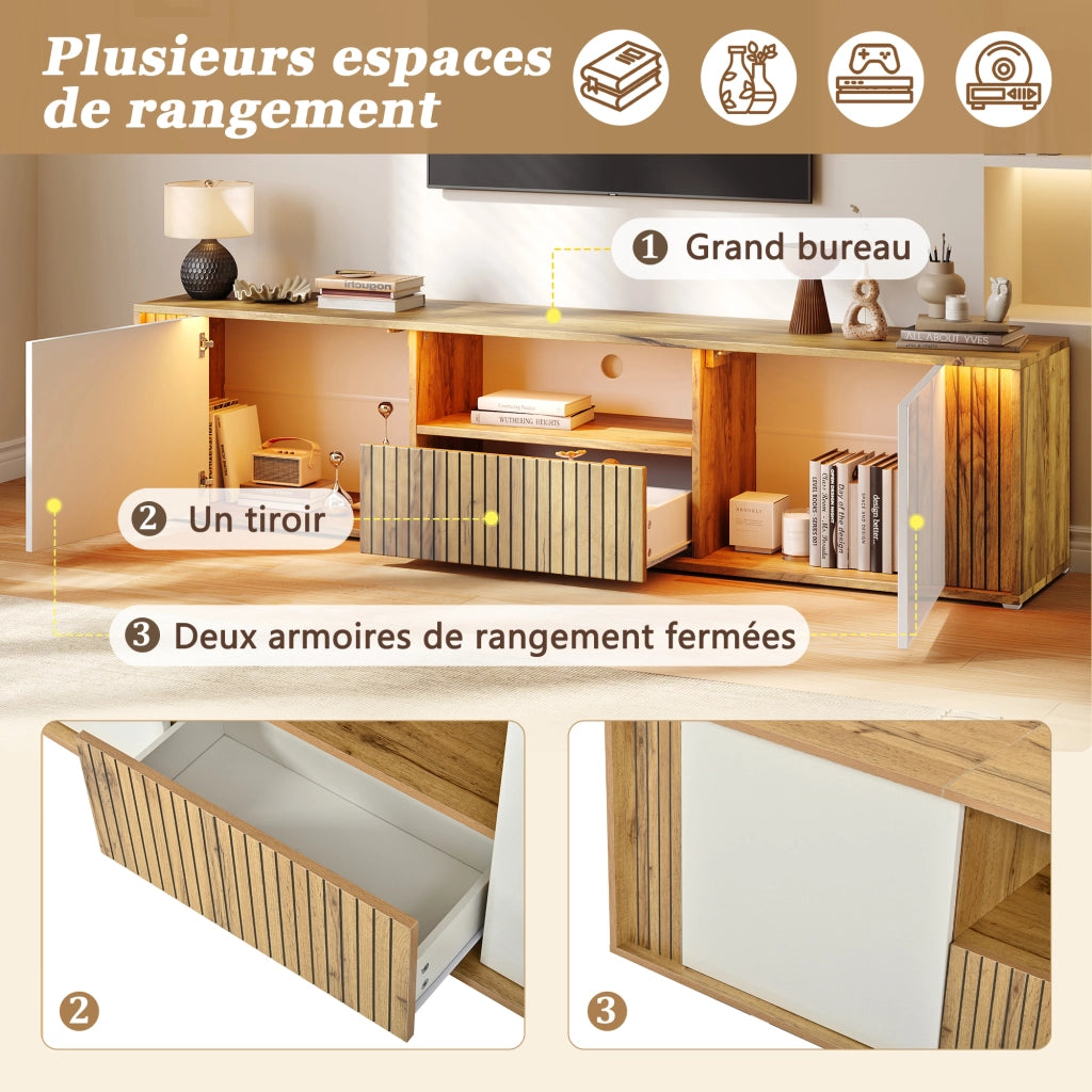 Mobile TV con LED Bluetooth; 2 ante e 1 cassetto; 180 x 40 x 51 cm; bianco e effetto legno