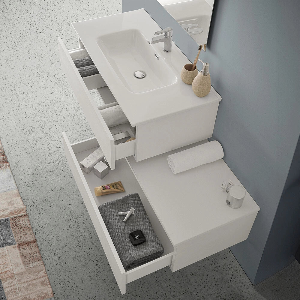Mobile bagno sospeso 80 cm rovere bianco con 2 cassetti e pensile Nadia