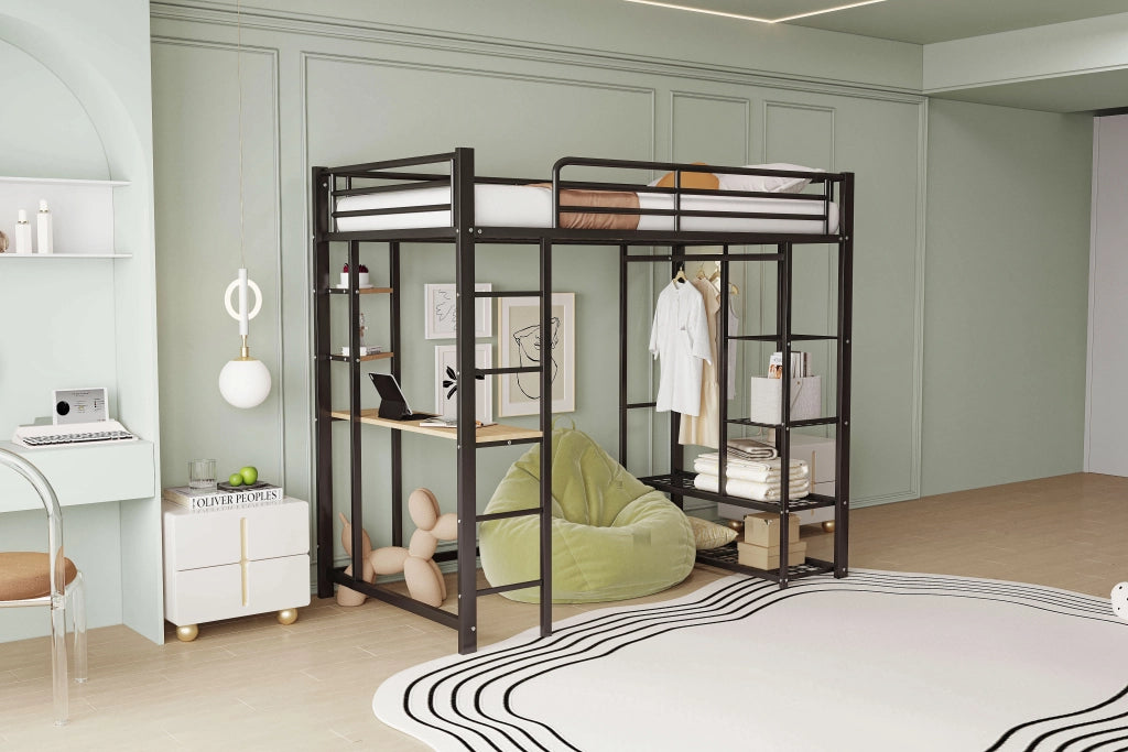 Letto a castello singolo nero con funzione di scrivania e contenitori in metallo 90x200 cm