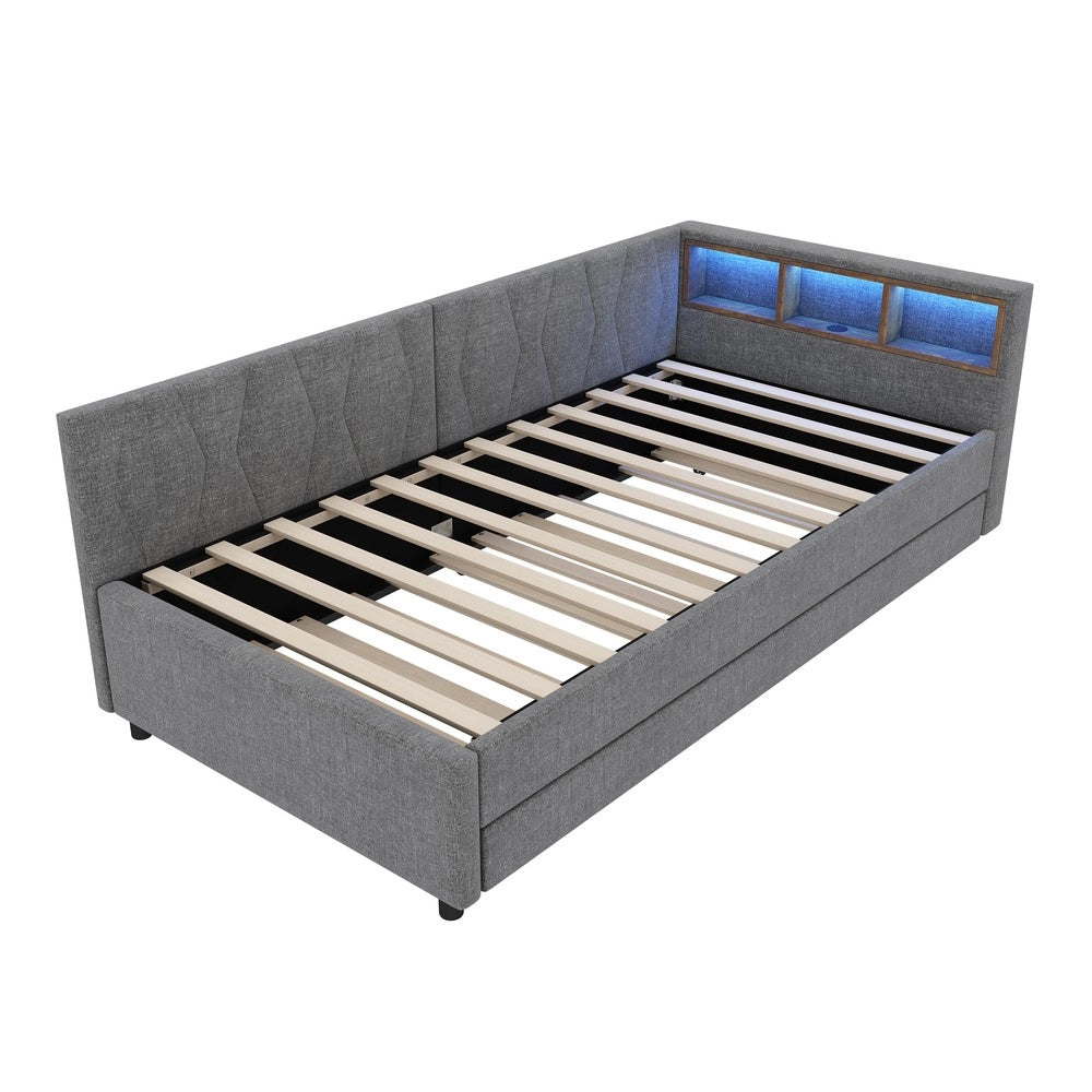 Letto Singolo con Rete a Doghe e LED, Estraibile ¨C MINIMAL ¨C Tessuto Grigio 90x200