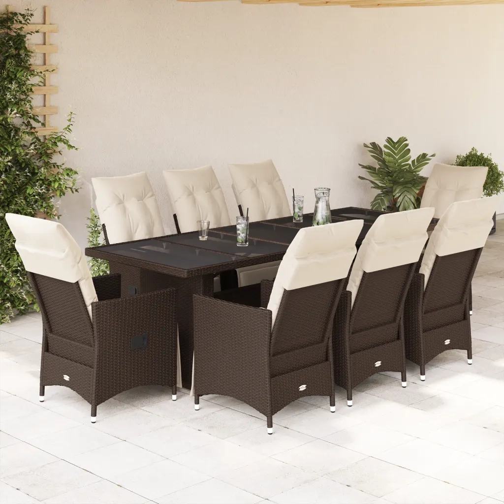 Set Bistrò da Giardino 9 pz con Cuscini in Polyrattan Marrone 3277263