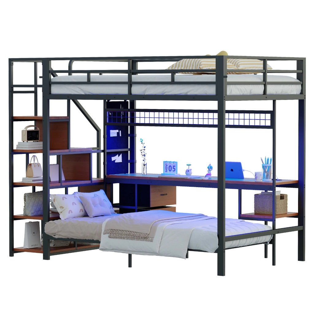 Letto a soppalco multifunzione 140x200 cm con scrivania; LED; prese; metallo e MDF; nero