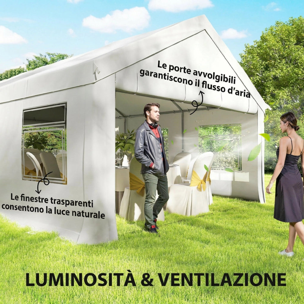 Gazebo da Giardino 4x6 m con Pannelli Laterali, 6 Finestre e Doppio Ingresso, in Acciaio Galvanizzato, Bianco