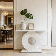 Tavolo consolle bianco in MDF e metallo con base geometrica