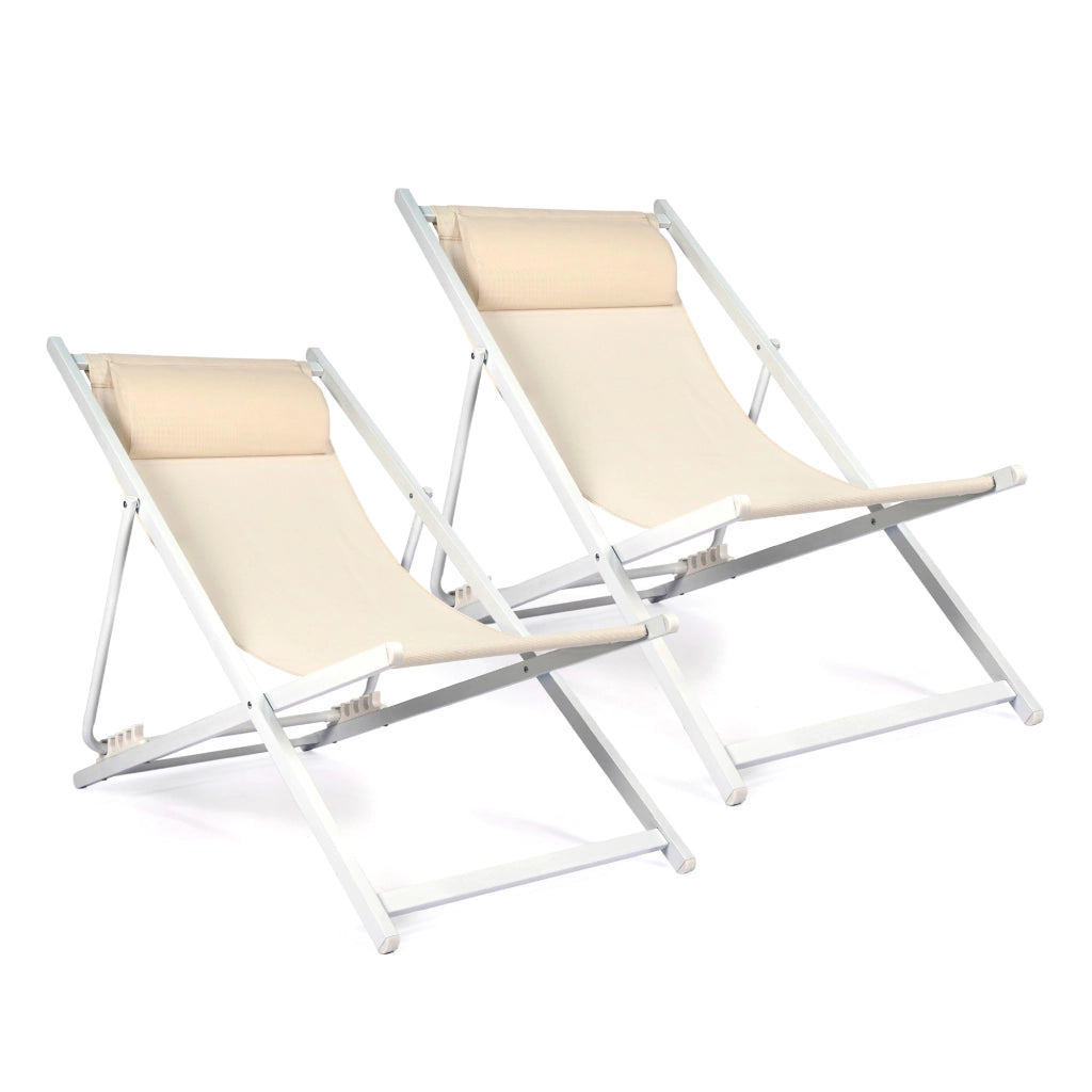 Set 2 Sdraio Mare Pieghevoli Reclinabili con Poggiatesta, Lettini da Spiaggia in Acciaio e Textilene, Sedie Relax per Giardino, Piscina, Terrazza e Campeggio, Beige Beige