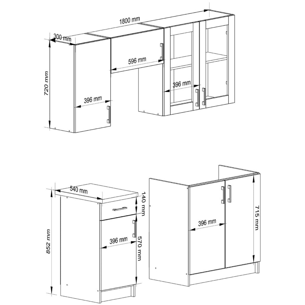 Set da cucina con vetrina AKORD LIMA 1,8 m H720 Bianco 180 cm 7 ante 1 cassetto frontale Rovere Sonoma 8 ripiani 180×44,5×203 cm