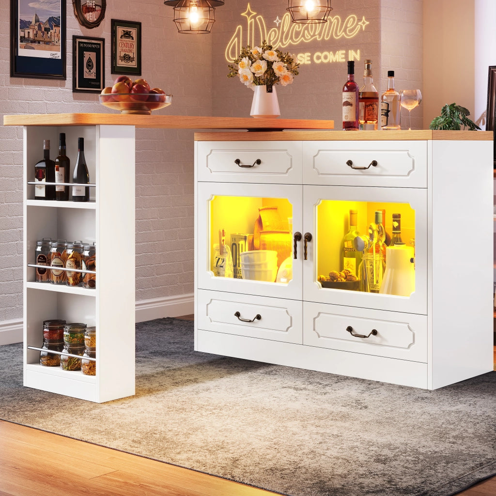 OKWISH Tavolo Bar Estensibile con 4 Cassetti e Ripiano Laterale, Piano Girevole a 360° e LED, per Cucina
