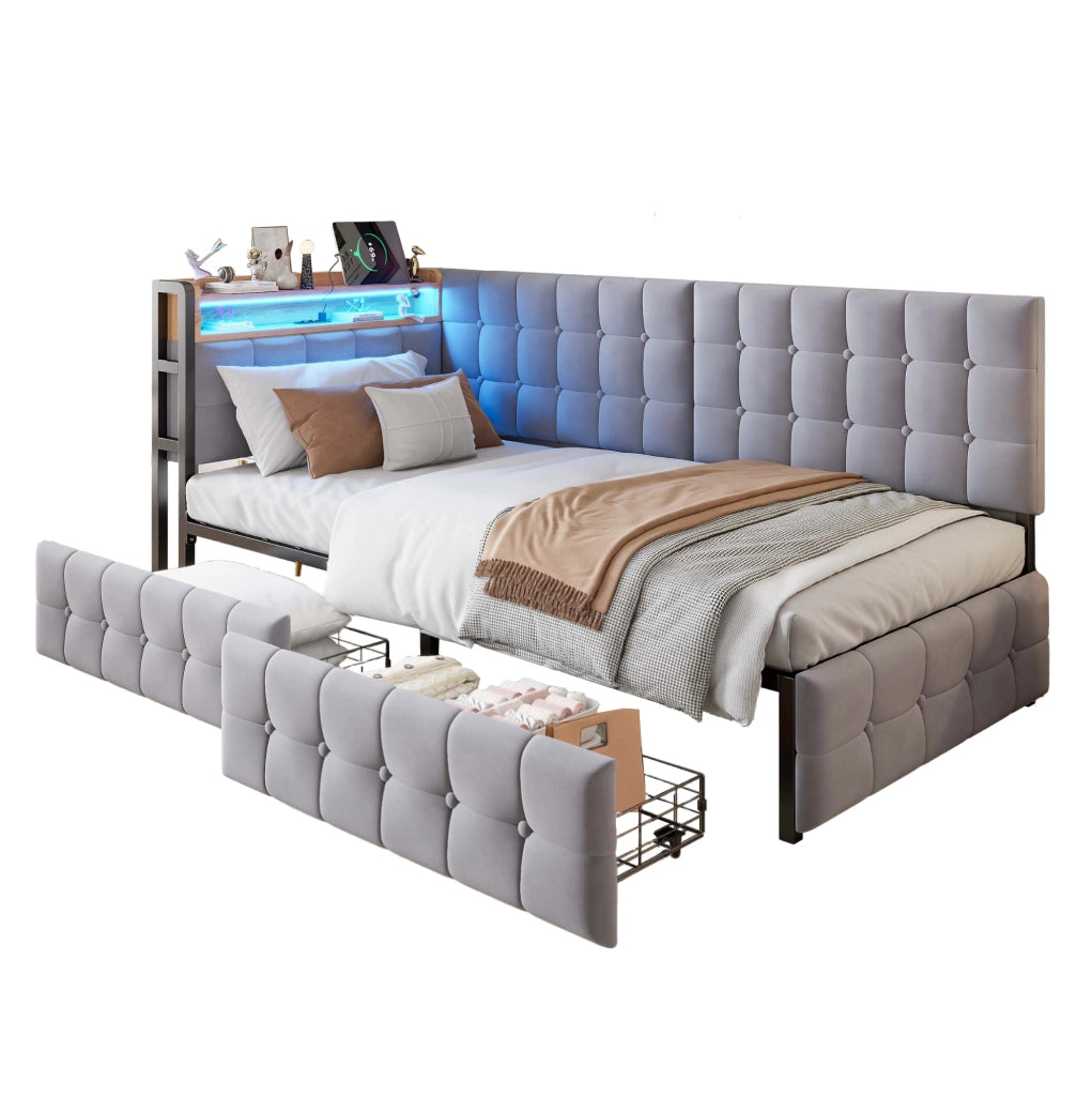 Divano letto imbottito 90x200 con 2 cassetti; LED; USB e Type-C; grigio