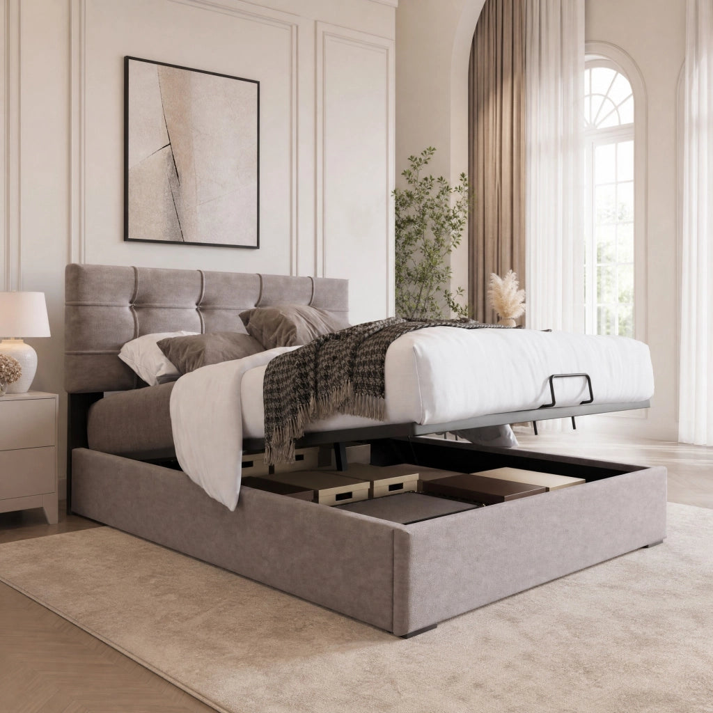 Letto singolo imbottito 90x200 cm in velluto con testiera regolabile e contenitore, grigio chiaro