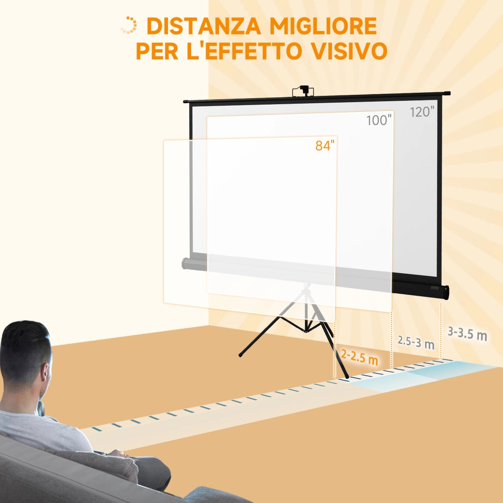 Telo Proiettore Pieghevole da 84" Formato 16:9 con Treppiede Regolabile. 200x8x118 cm. Nero