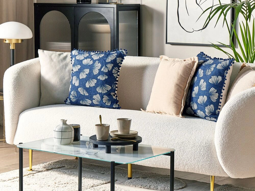 Set di 2 cuscini decorativi blu scuro poliestere 45 x 45 cm foglia stampa ginkgo biloba glamour pompon accessori decorativi