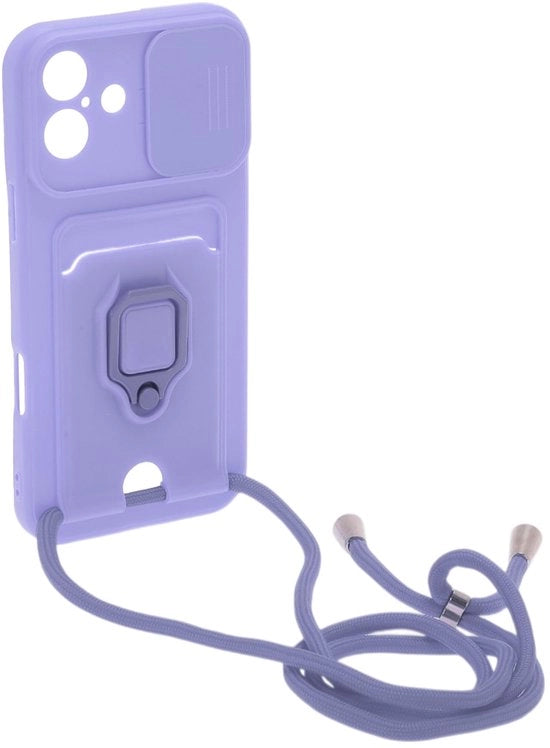 Custodia per iPhone 16 Plus con cerniera regolabile - copertura per fotocamera - protezione per porta sim - supporto per anello - slot per carte - catena per telefono