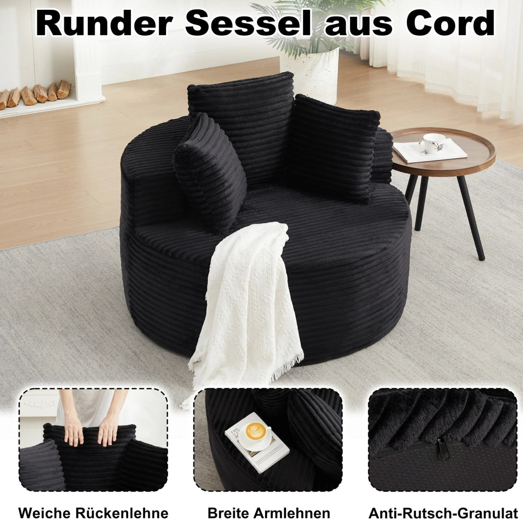 Poltrona lounge rotonda in corduroy nero con 3 cuscini