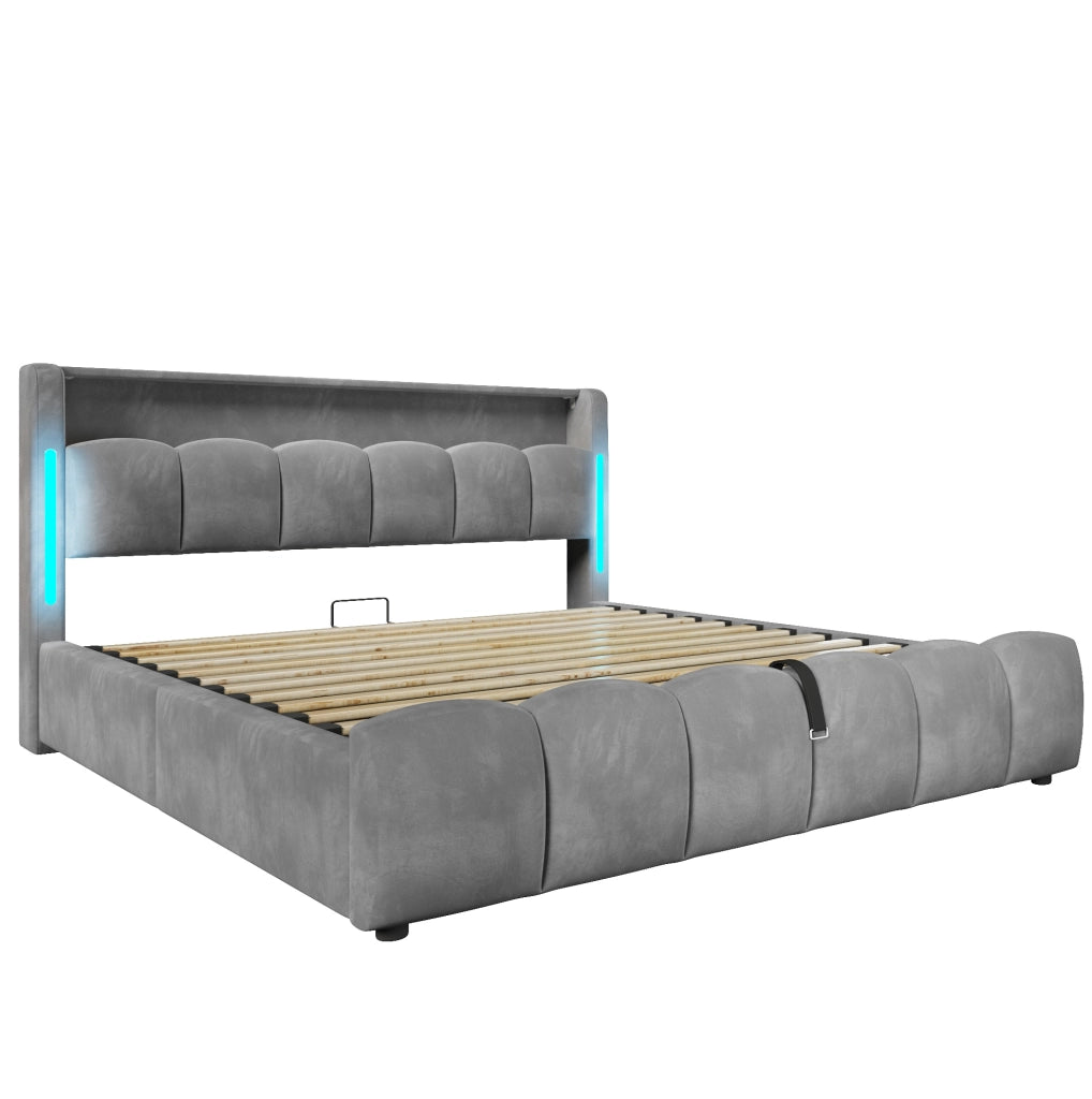 Letto contenitore 180x200 cm in velluto con LED, USB e testiera con vano