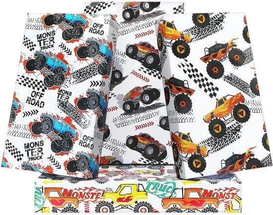 Pacco Regalo Monster Trucks - 4 Fogli 50x70cm - Carta da Regalo Festa - Carta da Pacco Ragazzi - Carta da Pacco Bambini - Disegno Creativo