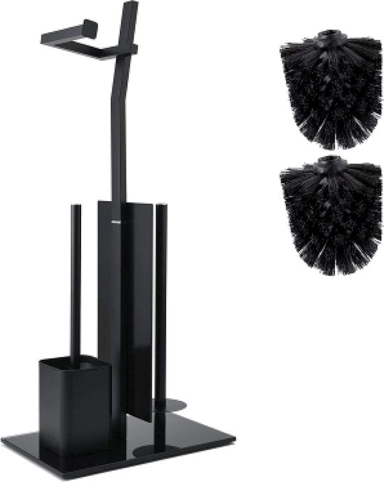 Sostegno per WC - nero - Montaggio senza foratura - Acciaio inox - Piede di vetro - 32x20x70 cm - inclusi 1 e 2 spazzole per WC intercambiabili