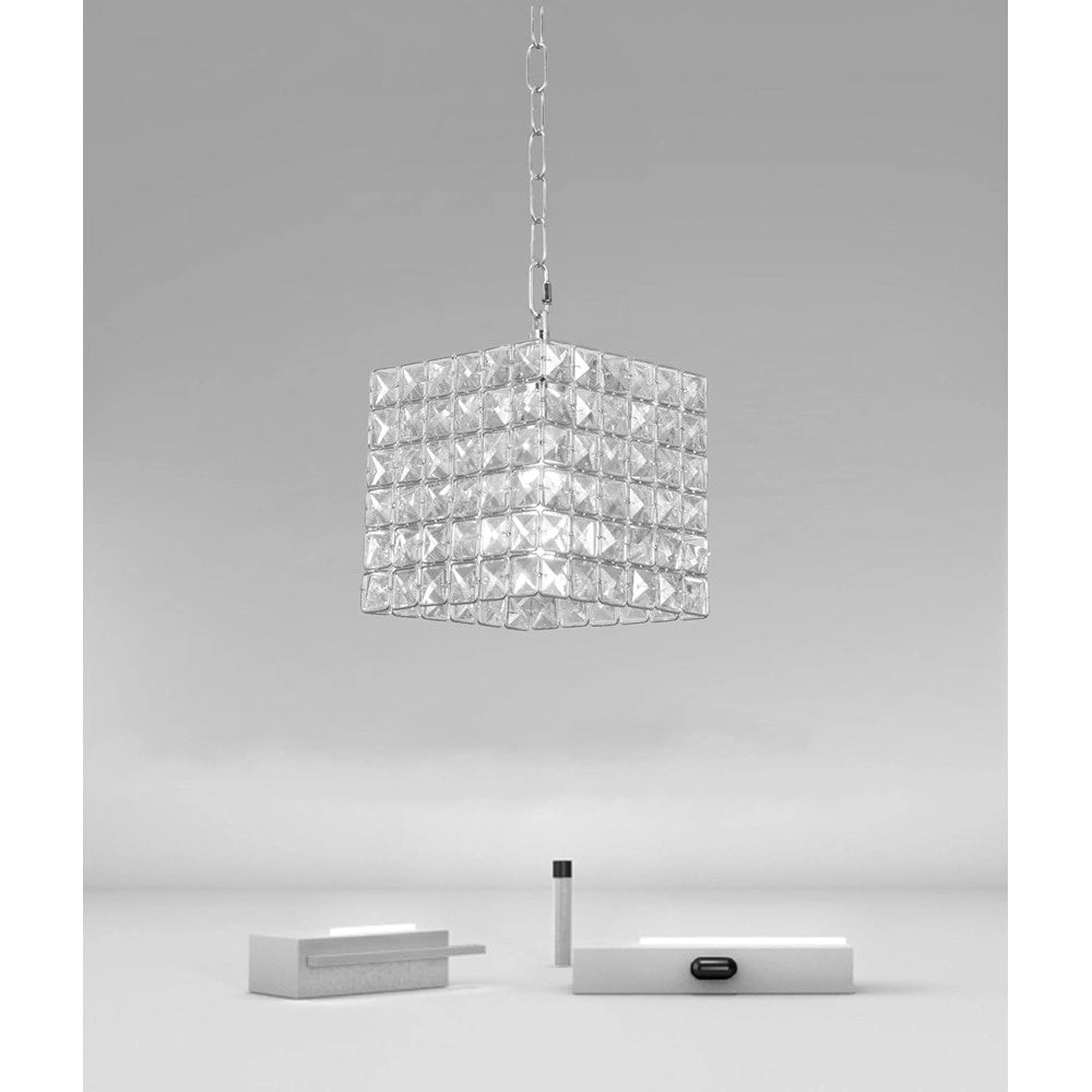 Trade Shop - Lampadario Sospeso Cubo Con Cristalli Lampada Luce E27 Argento Quadrato 32323 -