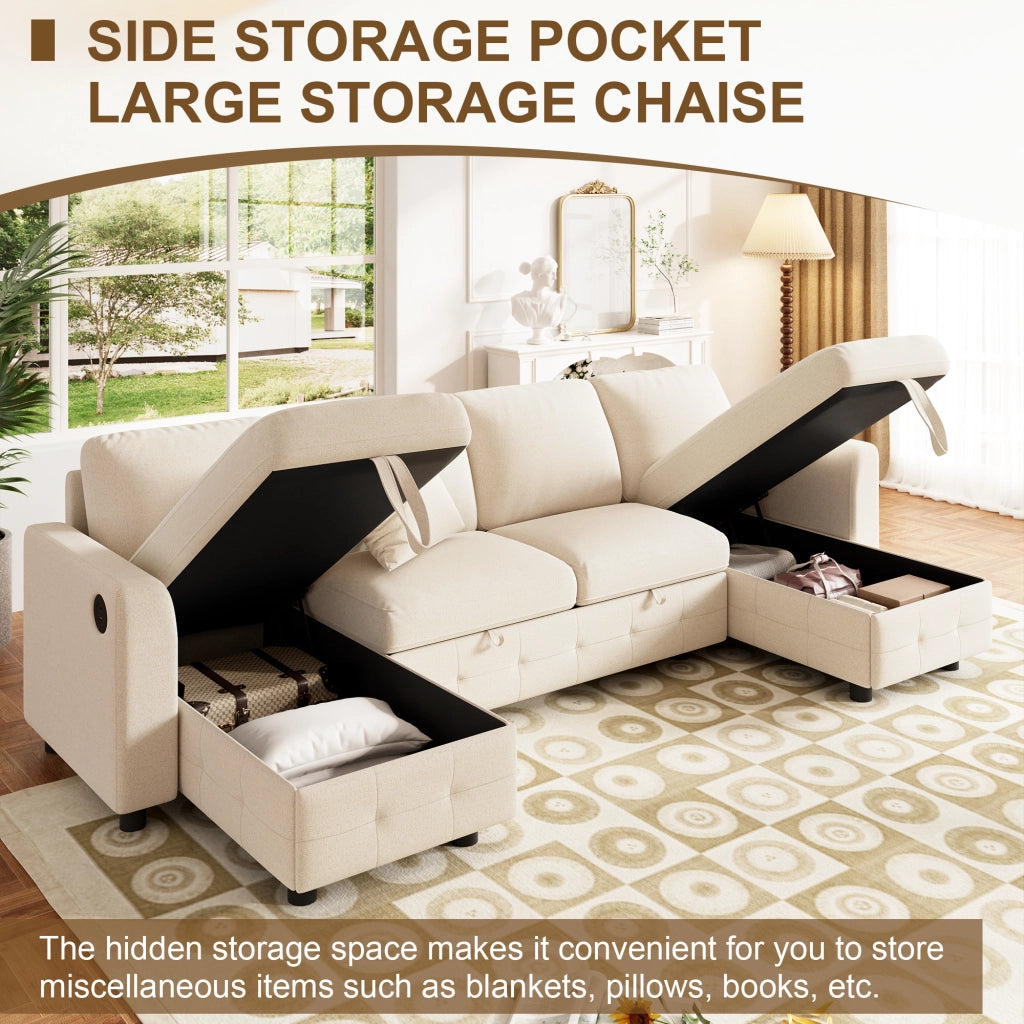 Divano letto con chaise longue e vano contenitore in chenille beige 82 × 260 × 128 cm