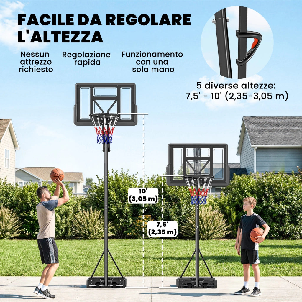Canestro da Basket Altezza Regolabile 235-305cm in PE Infrangibile Nero