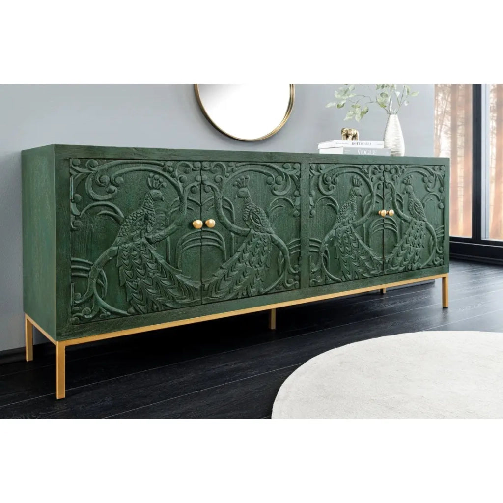 Buffet 175 cm 4 porte legno massiccio verde e dorato – Collezione TANJORE