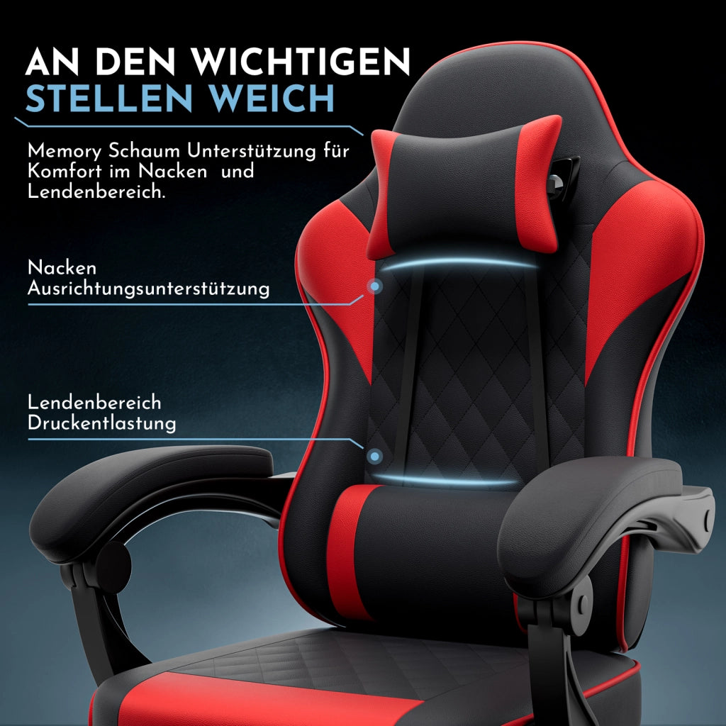 Sedia da gaming ergonomica nera e rossa in PVC