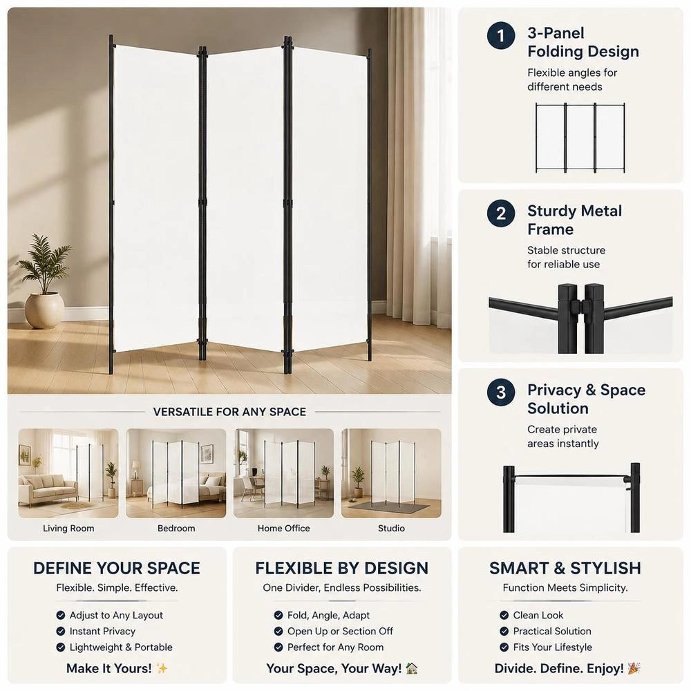 3-piece Room Divider, White, 150x180 Cm
