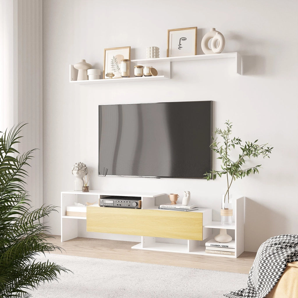 Mobile TV Ripiani e Armadietto a Ribalta con Mensola a Muro 153,6x25x42 cm Bianco e Legno Naturale
