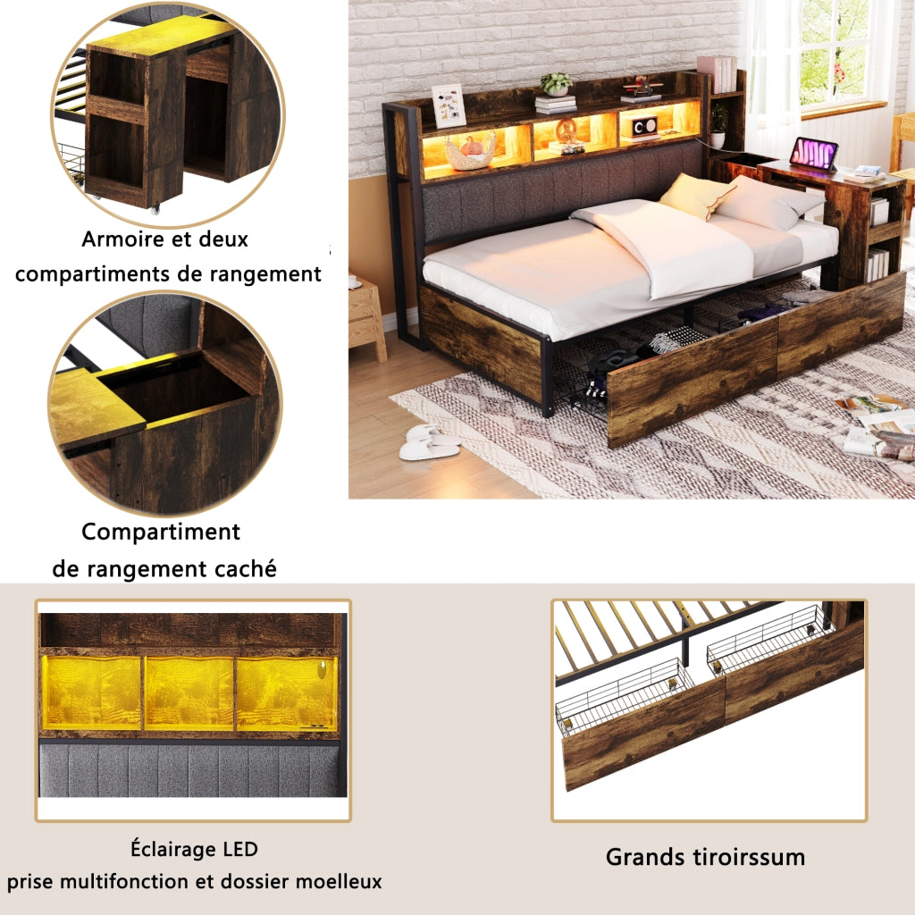 Letto singolo 90×200 cm con cassetti; scrivania estraibile; prese e ripiani; senza materasso; metallo e legno; naturale