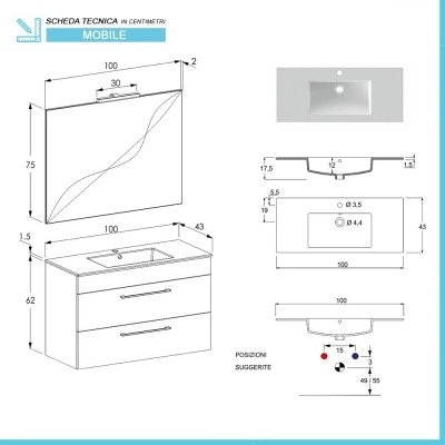 Mobile bagno sospeso 100 cm Smart grigio legno/lava con specchio