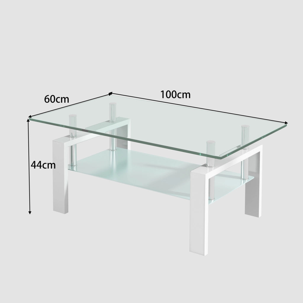 Tavolino da caffè a 2 ripiani per soggiorno in vetro e metallo bianco 100×60×44 cm