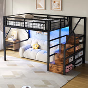 OKWISH Letto a soppalco 140×200 cm, Letto matrimoniale con LED regolabile, Scala con contenitore e spazio libero, senza materasso, Nero