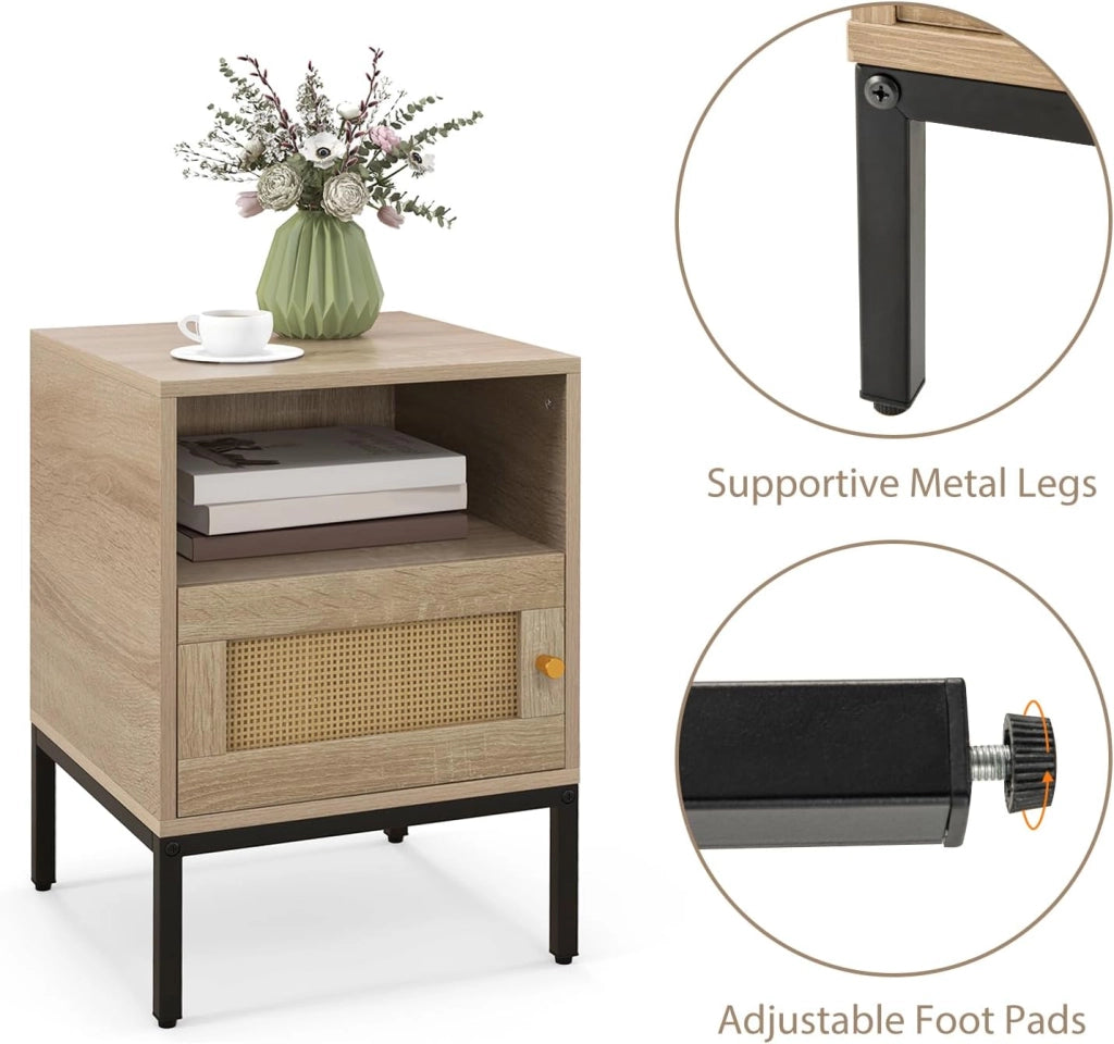 Comodino con porta in rattan, tavolino comodino con ripiano aperto e armadio, console notturna, 40 x 40 x 57 cm, per camera da letto, soggiorno (1)