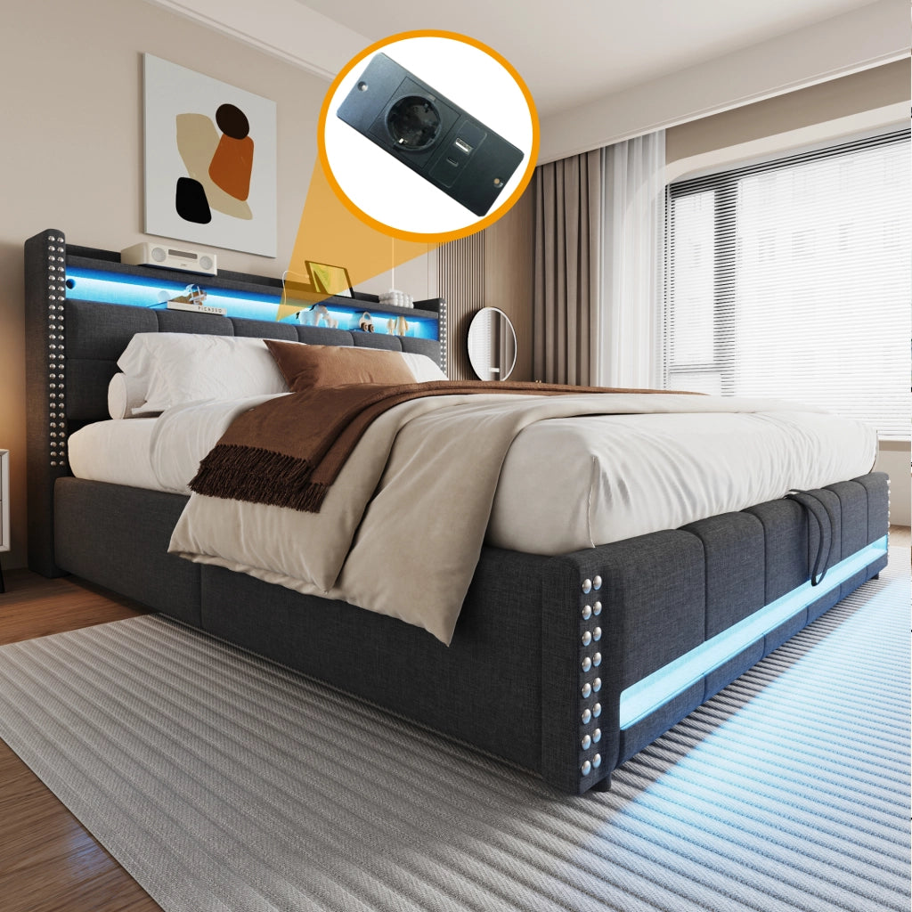 OKWISH Letto Contenitore 180×200 cm, Letto Matrimoniale con LED Regolabile, USB, Tipo C e Mensole, senza Materasso, in Tessuto - Grigio