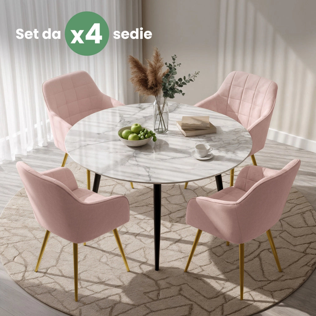 Set di 4 Sedie imbottite con cuciture quadrate LUXANO Rosa Cipria gambe oro