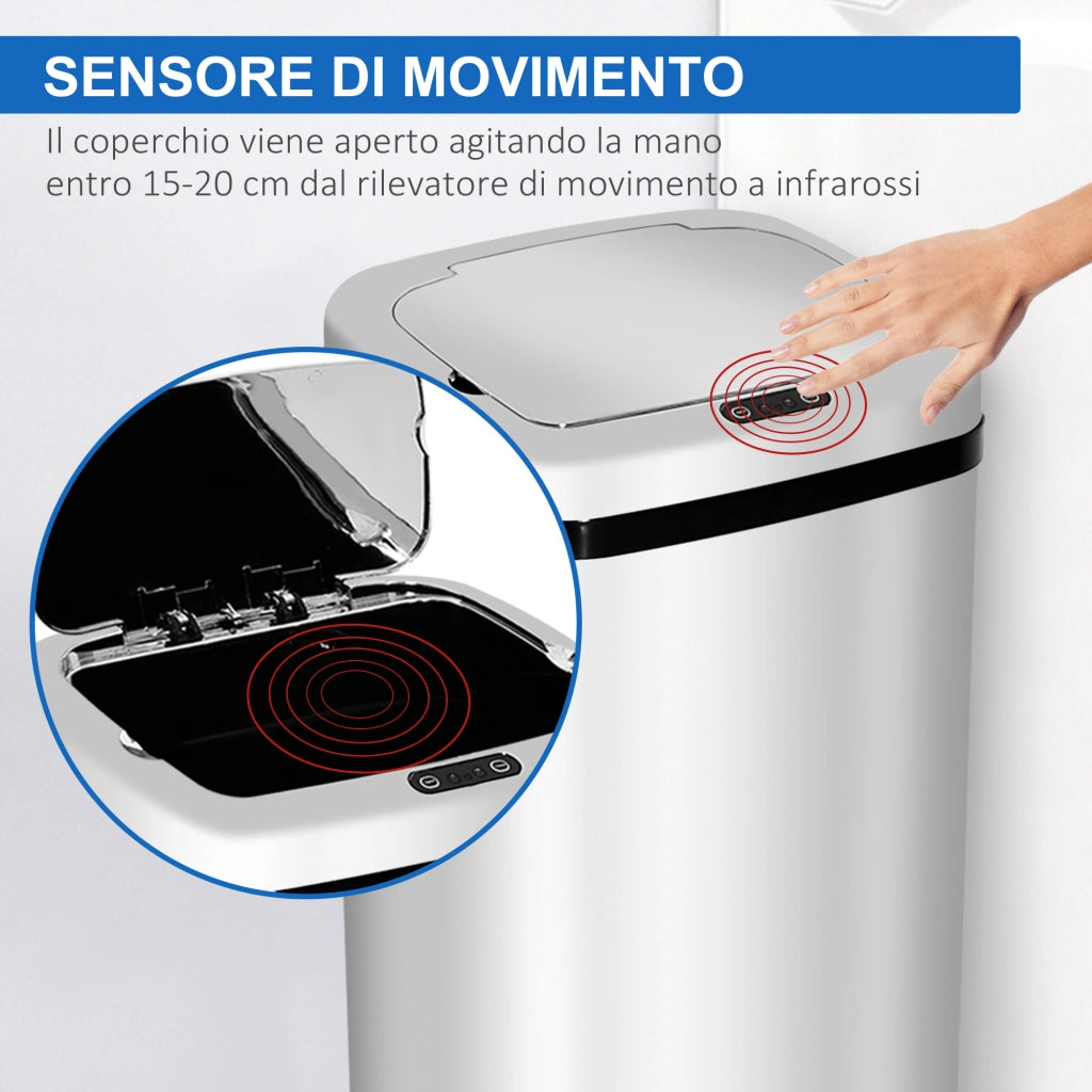 Cestino Spazzatura da 50L con Sensore, Pattumiera Intelligente con Apertura e Chiusura Automatica, Bidone per Rifiuti in Acciaio, 33x25x84 cm, Argento