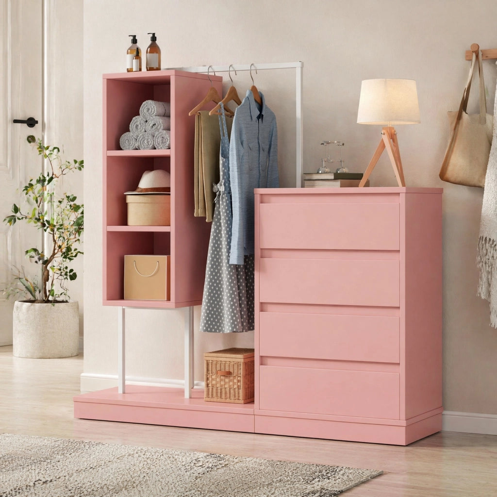 Scarpiera rosa e bianca con 4 cassetti, ripiani aperti e appendiabiti, 100x40x135 cm