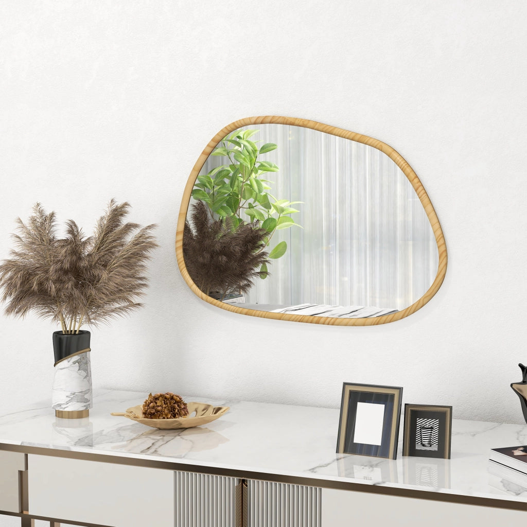 Specchio da parete asimmetrico 80x60 cm con cornice in legno naturale, installazione verticale o orizzontale