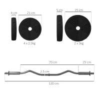 Set di pesi 25 kg totale e bilanciere con presa antiscivolo, Ø 25x120 cm, Nero