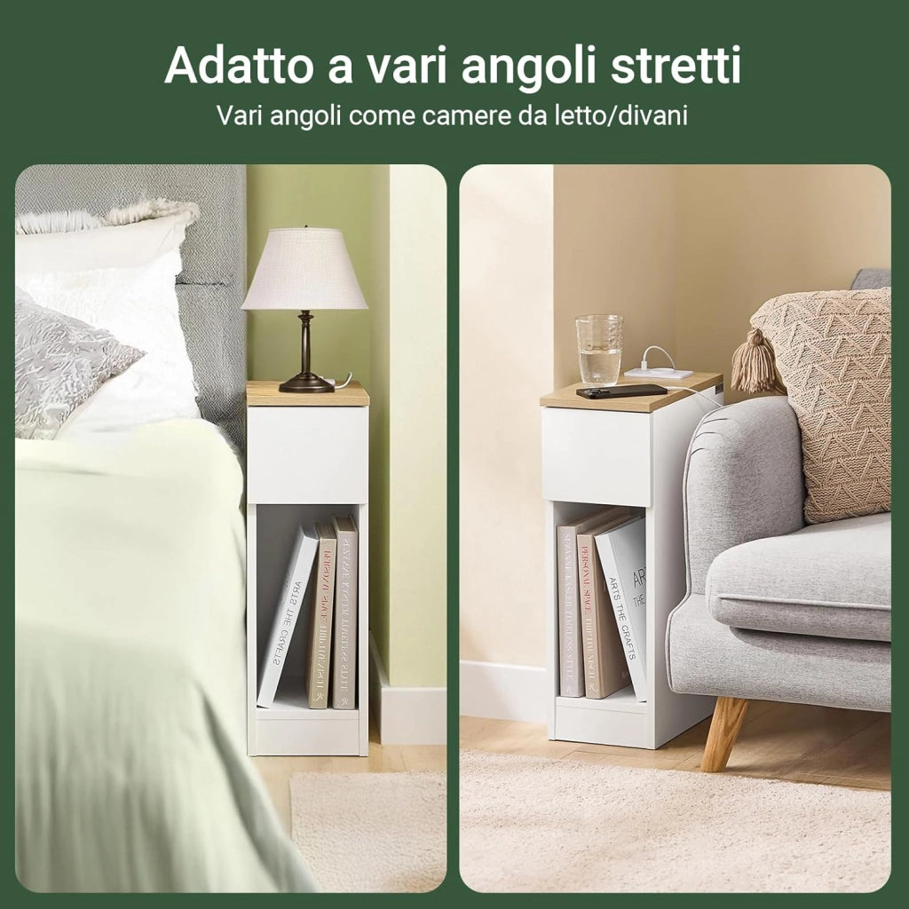 Set da 2 comodini camera da letto stretti con ricarica USB & Type-C, tavolino da letto con incavo battiscopa, mobile salvaspazio per piccoli ambienti, bianco 20x35x60 cm FBT111-E-WNx2