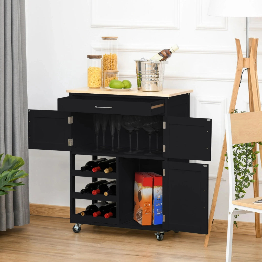 Mobiletto da cucina Febe con ruote in legno nero e top in rovere