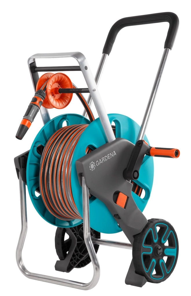 Gardena 18517-20 CleverRoll M Easy Carrello avvolgitubo manuale con tubo 20 m 13 mm (1-2 pollice) e accessori inclusi colore Nero Blu Acciaio inox