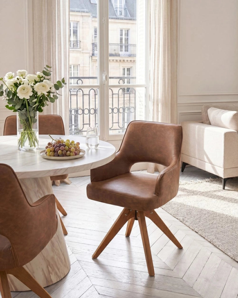 Sedia da pranzo girevole con schienale curvo in ecopelle marrone, stile scandinavo