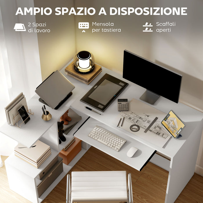 Scrivania Angolare Moderna 120x100x76 cm con Ripiano Scorrevole per Tastiera e Scaffale a 4 Ripiani Bianco