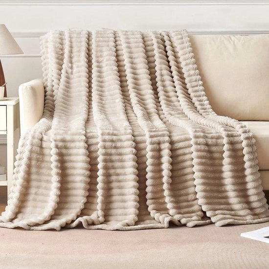 Fleece plaid soffice e caldo 125 x 150 cm - Beige, look corduroy con comfort morbido per letto, camera da letto e viaggio