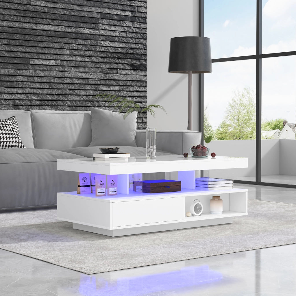 TAVOLINO DA SALOTTO 95x50x42,5 cm Bianco Lucido con 2 cassetti e 2 vani aperti
