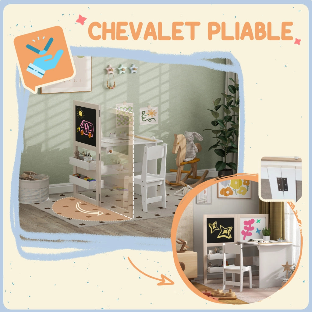 Tavolo da gioco per bambini con sedia e cavalletto pieghevole ¨C zephmum ¨C bianco