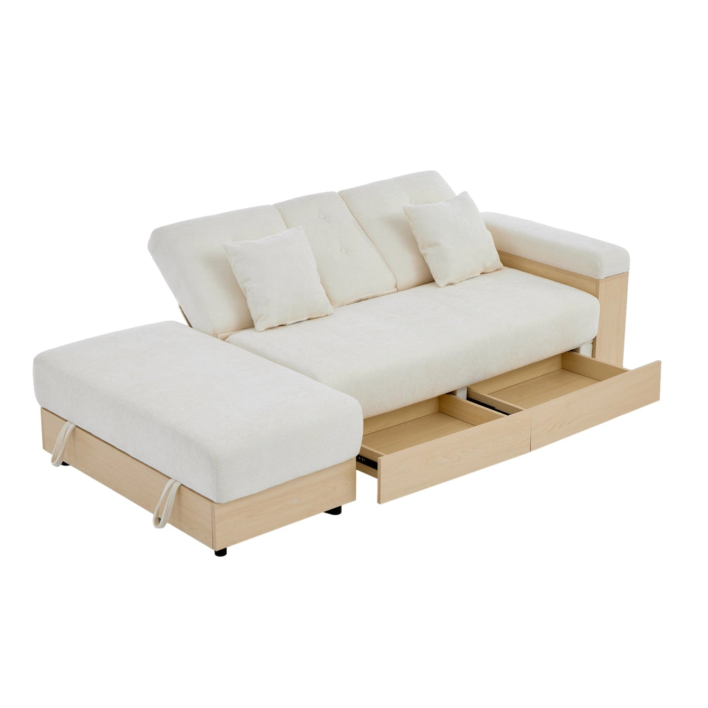 Divano letto in chenille con contenitore, schienale reclinabile a 3 posizioni, 2 cassetti e portabicchieri nascosto, 217 cm, beige