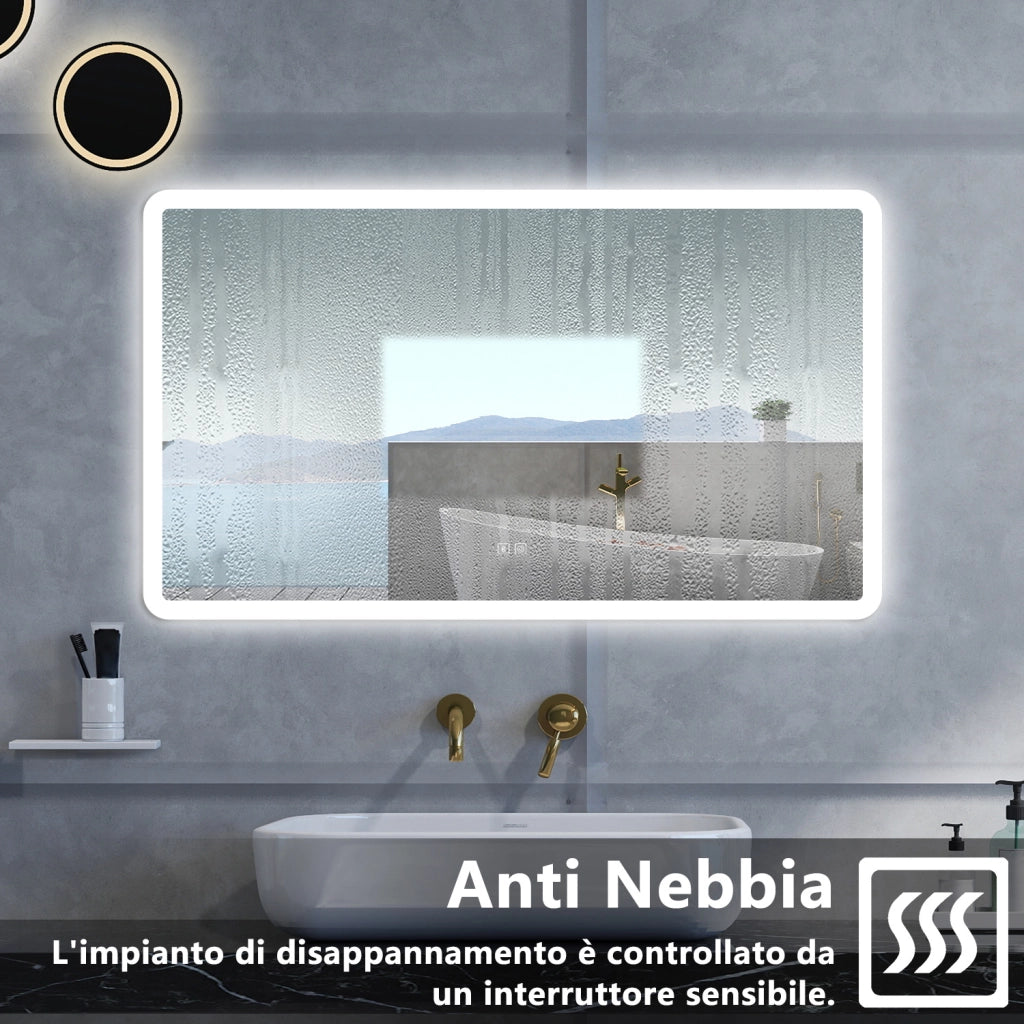 Specchio da bagno Rettangolare con 100x60cm,Blue tooth,3 colori,Memoria, Antifog,Regorabile,Retroilluminato,doppio interruttore,