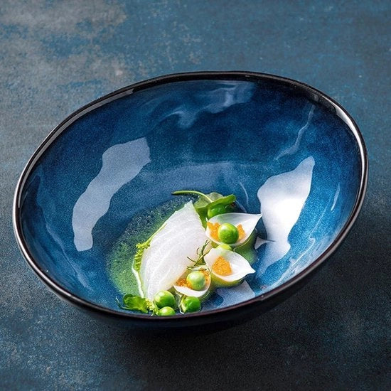 Bowl da Insalata - Grande Bollitore Porcellanato Ceramico per Ramen Noodles Cereali Avena Oatmeal Piatto Frutta Servizio - Blu (Dimensione: M)